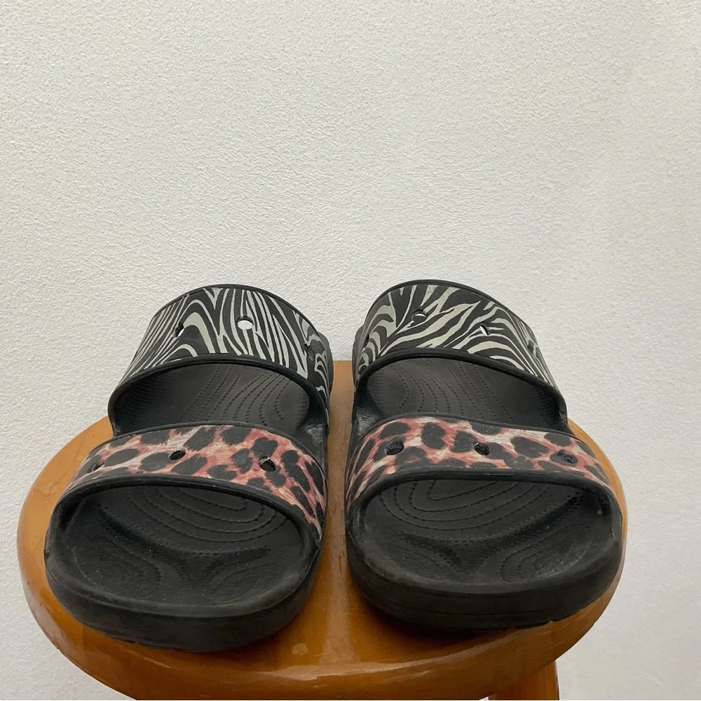 Crocs Leopard, Zebra Print 2 Strap Slide Sandals Size 13 Men's Water Pool Beach